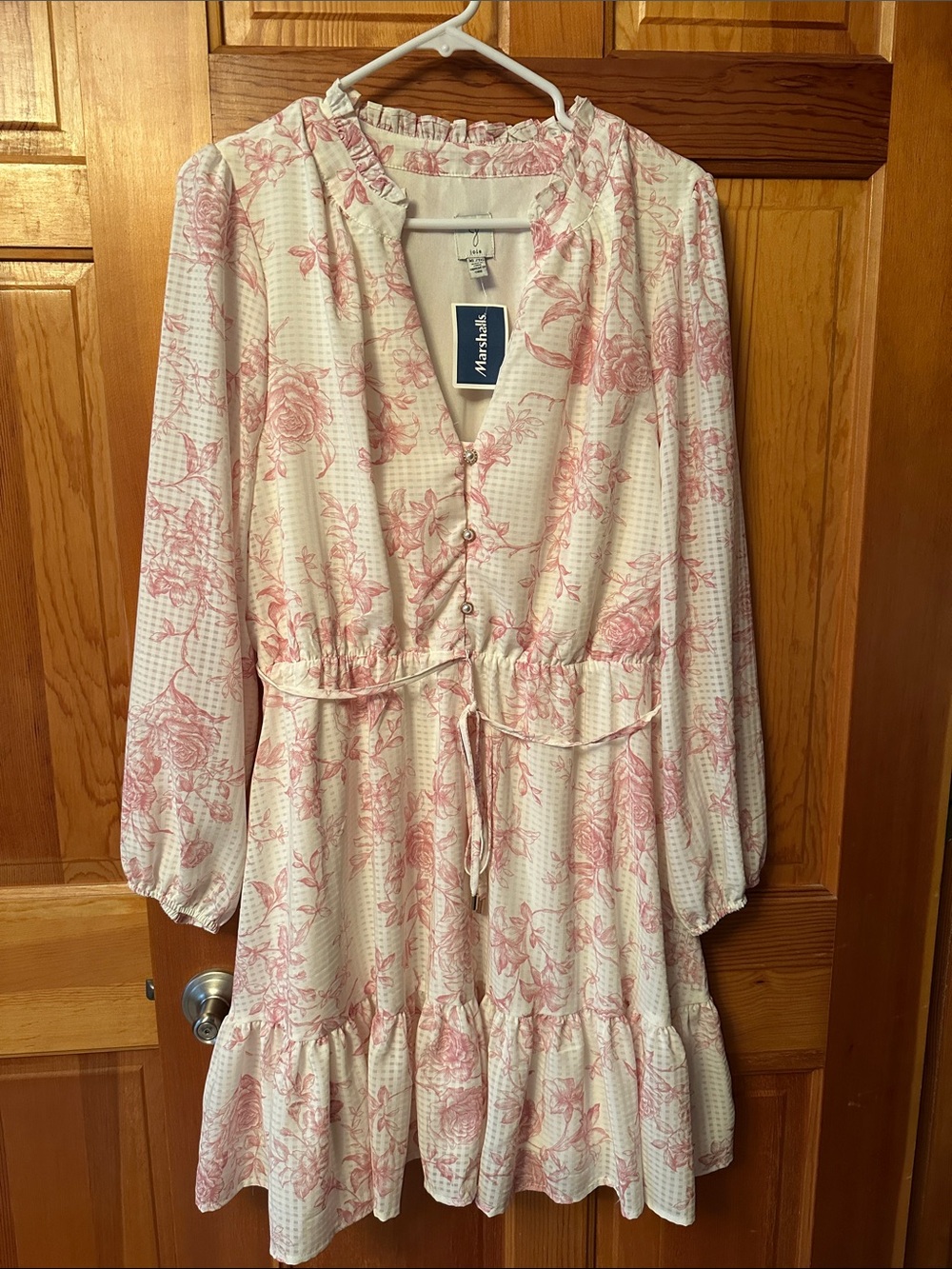 Marshalls Cream Dress with Pink Floral Print and Tie Waist